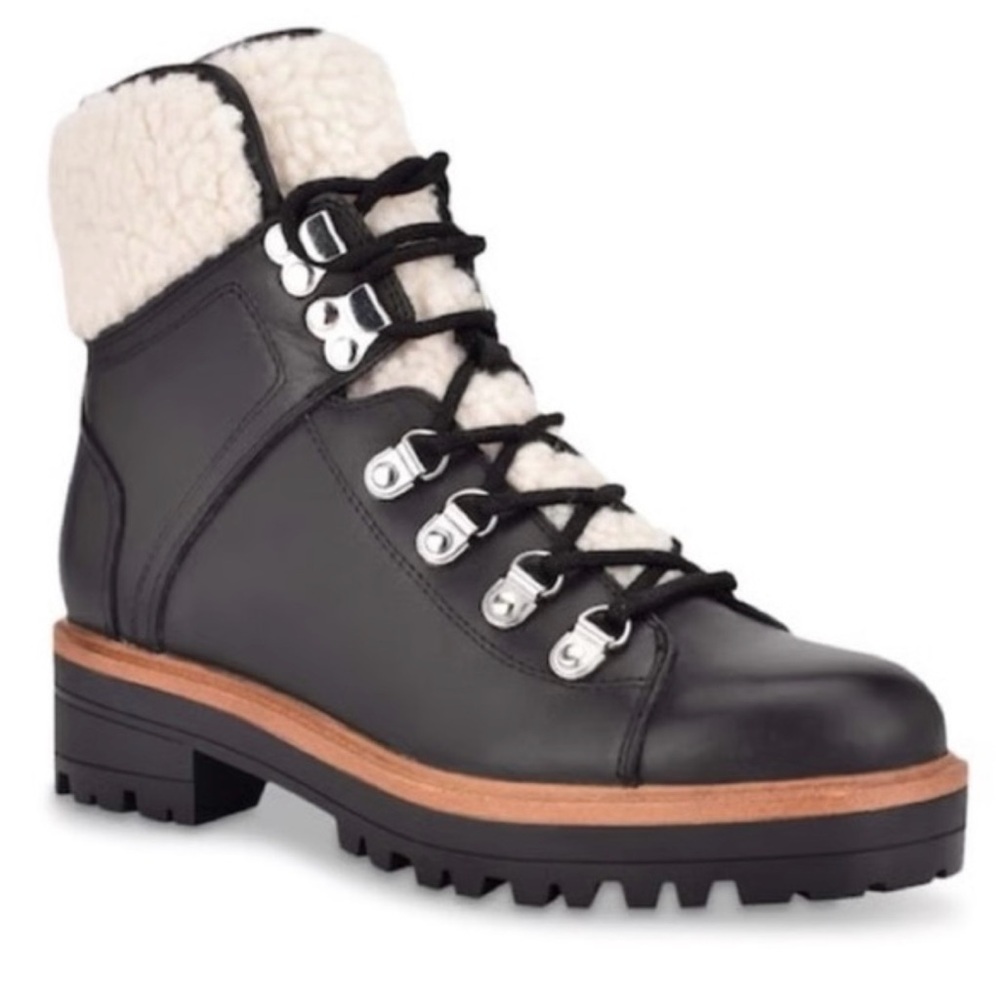 Marc Fisher Isalia Leather Lace Up Boots Winter Faux  Shearling Size 9.5